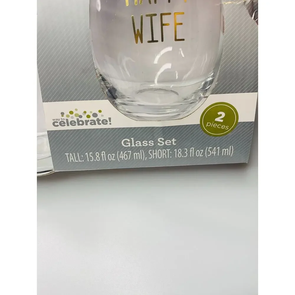 Way to Celebrate Glass Set, Happy Life Happy Wife, Beer and Wine Glass Set